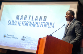 A photo of County Executive Calvin Ball speaking to attendees at Howard County's Maryland Climate Forward Forum.