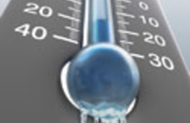 A thermometer showing low temperature with ice hanging from it
