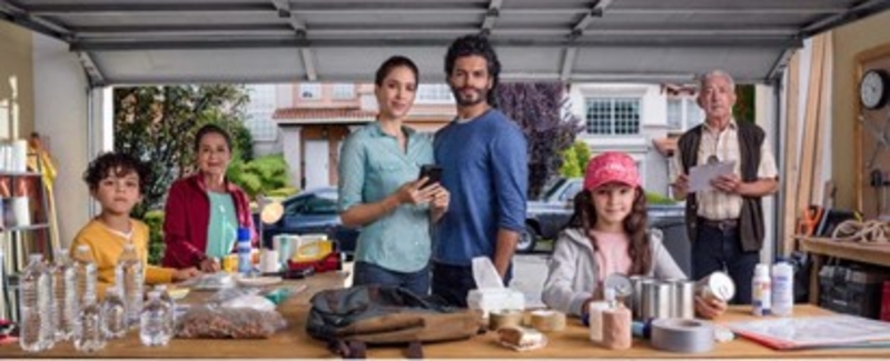 A diverse family and friends gather in a garage around a table filled with food, drinks, and kitchen items. Two adults stand in the center, with children and older adults gathered around them, creating a warm, casual family scene.