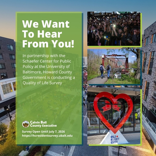 Visual graphic sharing information on Howard County's quality of life survey, encouraging residents to complete the survey by July 7, 2026