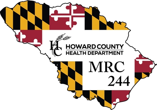 A graphic shows the outline of Maryland filled with the state flag pattern. In the center is the logo and text “Howard County Health Department” and “MRC 244.”