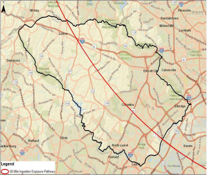Map - 50 mile radius of Peach Bottom Atomic Power Station. Zoomed in on Howard County. Line intersects with the northern and eastern portions of the County