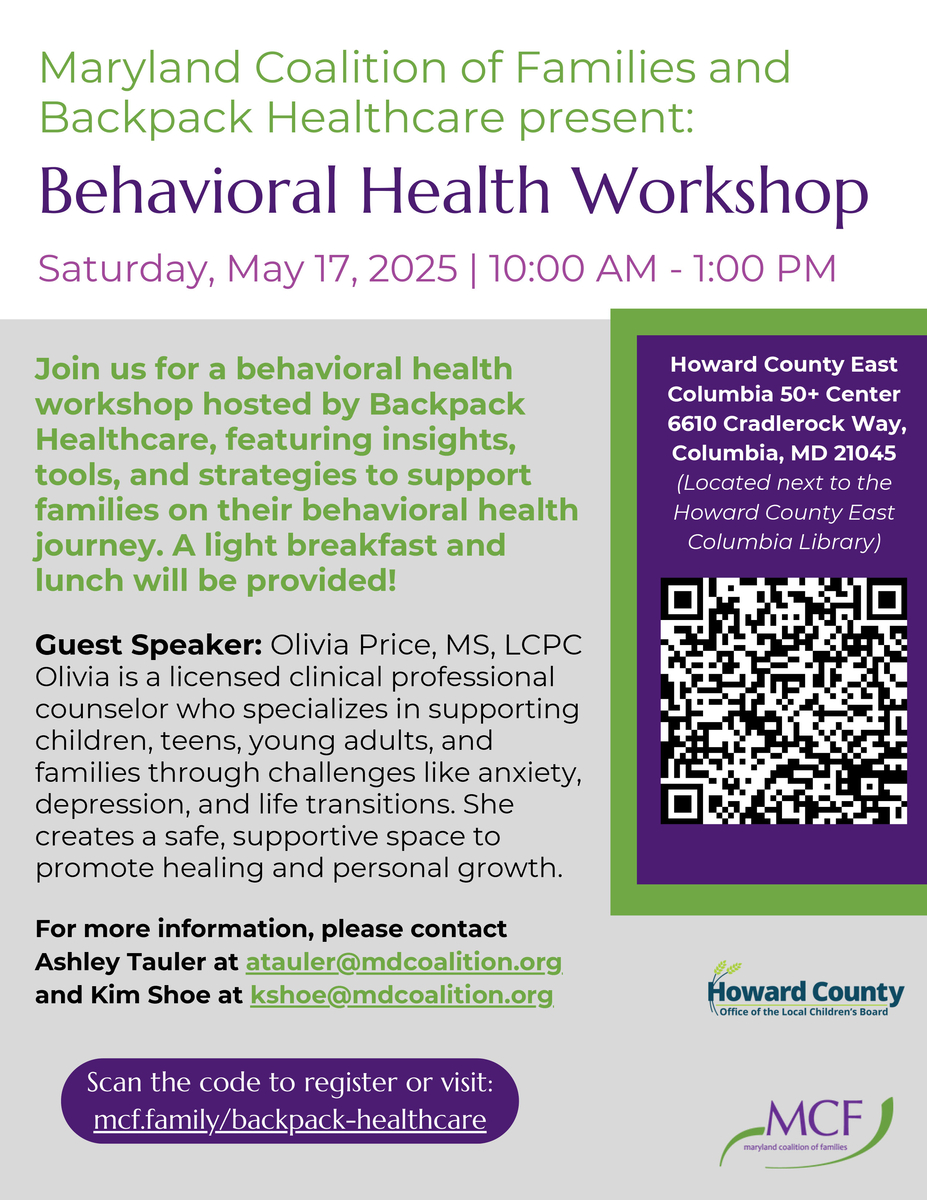 Office of the Local Children's Board flier for the Behavioral Health Workshop on May 17 at the East Columbia 50+ Center.