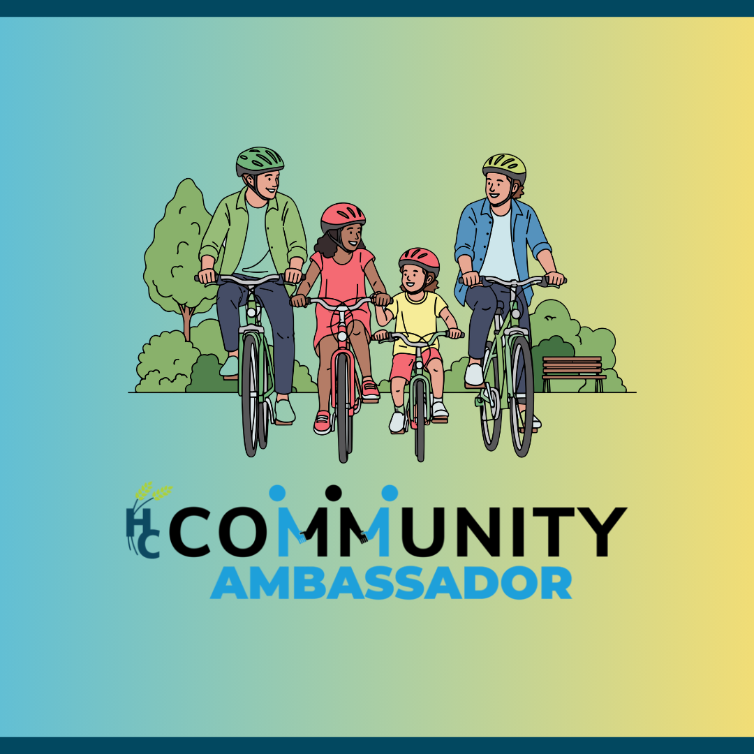 A graphic of four people riding bicycles over a "Community Ambassador" logo