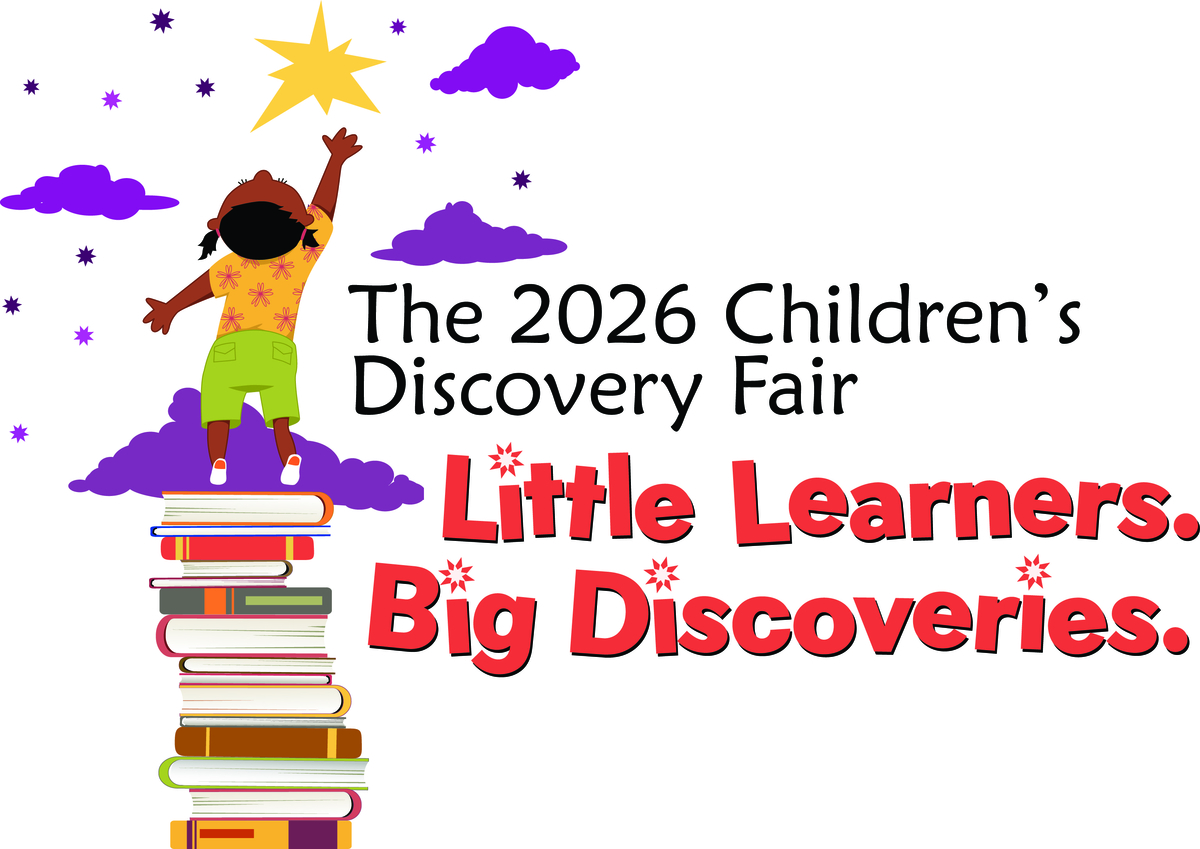 Children's Discovery Fair 2026 logo with a child on a stack of books