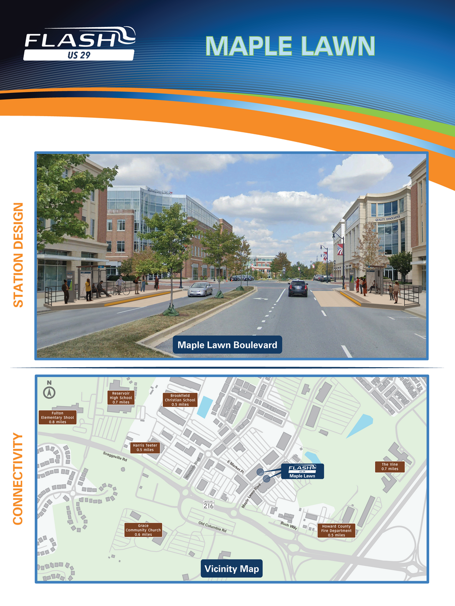 Board Showing Flash BRT Station Design and Map of Area in Maple Lawn