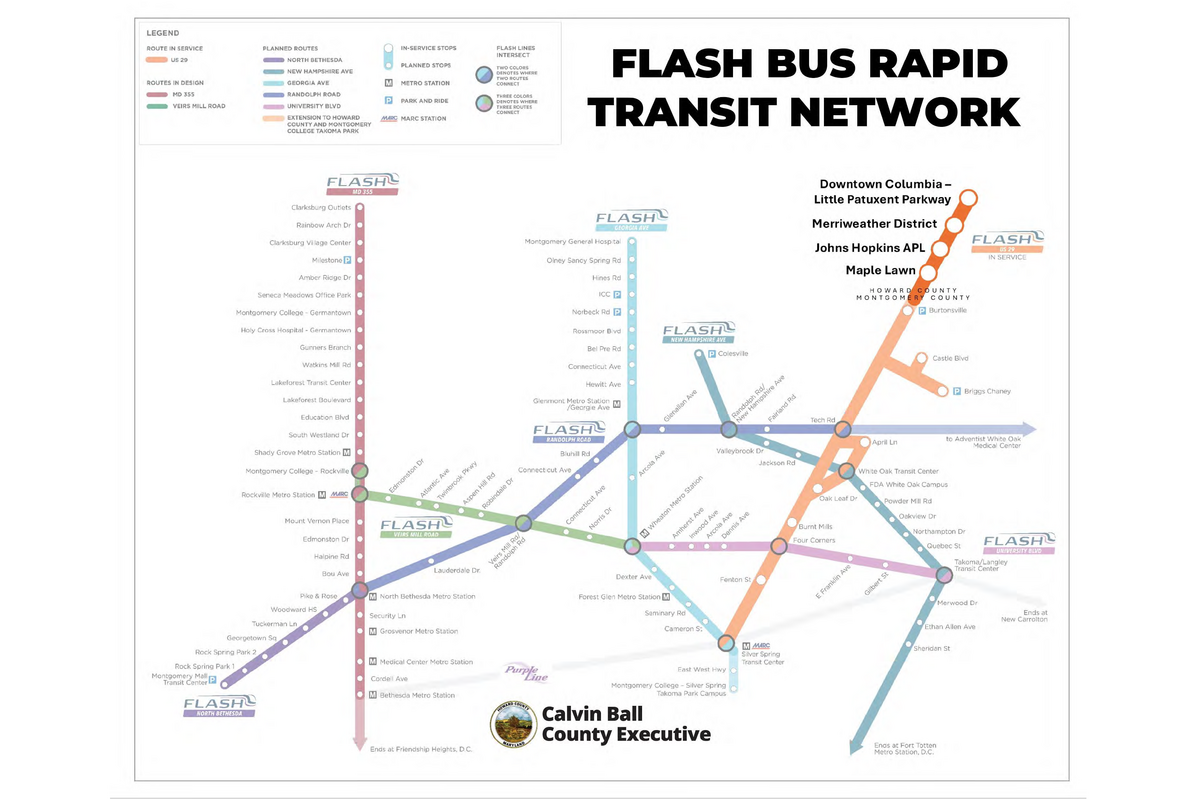 Network Map of Flash Bus Rapid Transit Highlighting the Extension to Howard County and Relevant New Stations
