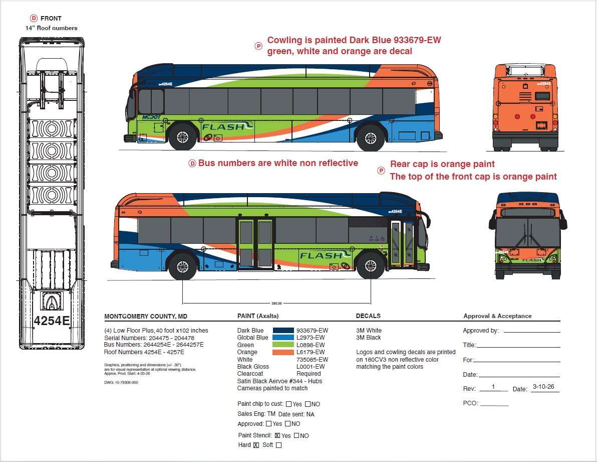 Drawings of low floor, 40-foot bus for Flash Bus Rapid Transit Service. 