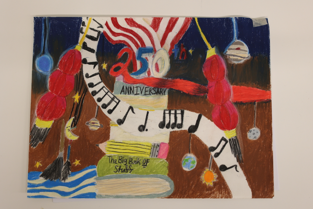 Child's drawing of musical notes and Chinese lanterns hanging from the sky.