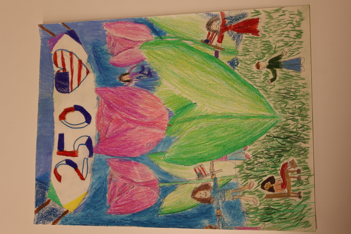 Child's drawing of pink tulips under a 250th banner.