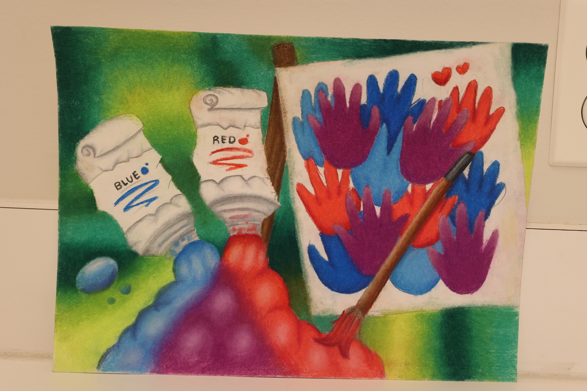 Child's drawing of two tubes of paint, red and blue, and a picture next to it with red and blue handprints.
