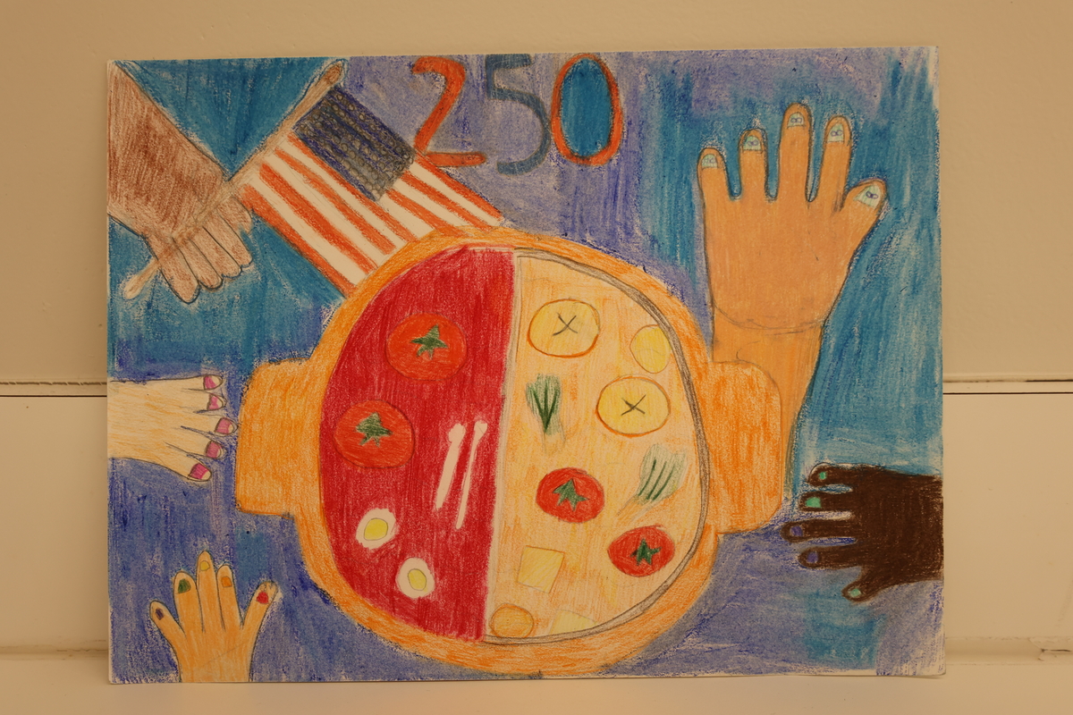 Child's drawing of a hotpot meal shared by many from different races.