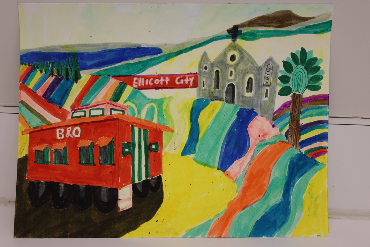 This drawing shows the train and church on Main Street in Ellicott City.