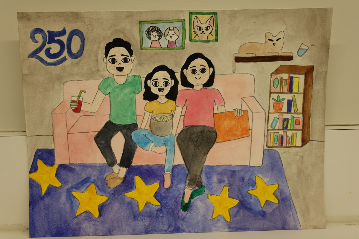 Child's drawing of a family sitting on a couch in their living room.