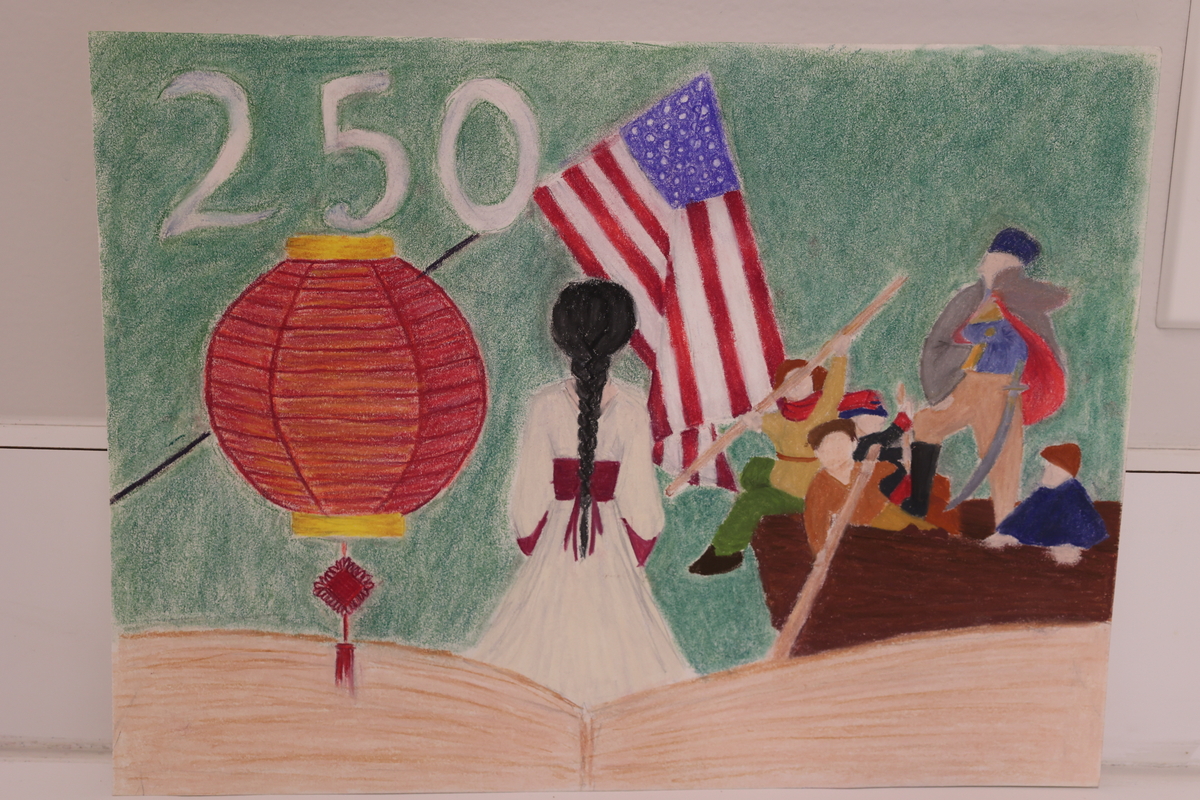 This artwork shows a woman in traditional clothing, depiction of George Washington crossing the Delaware River, and a Chinese Lantern.