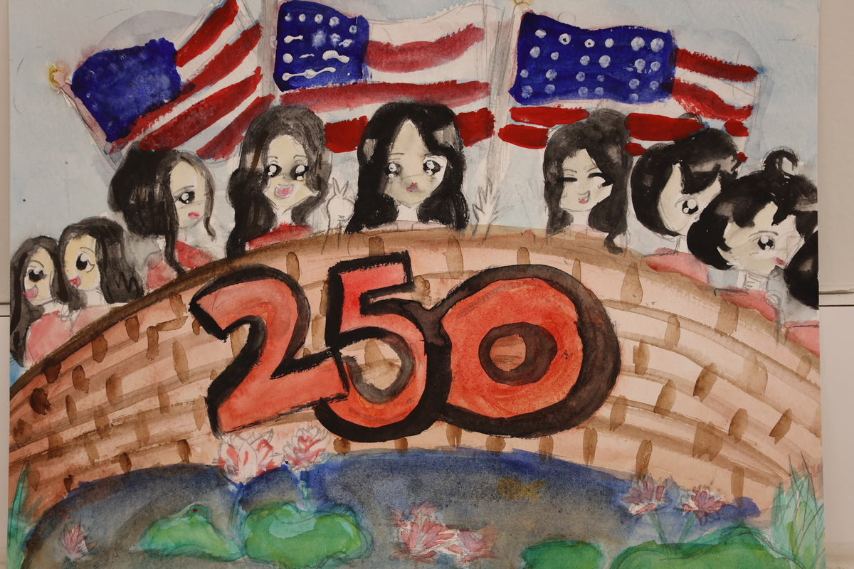 Child's drawing of people on a bridge with the American flags flying behind them.