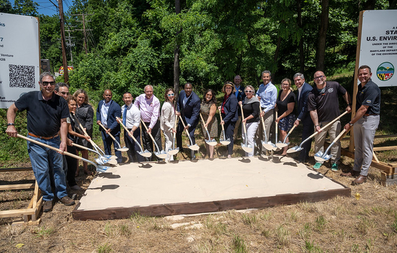 Howard County Executive Calvin Ball is joined by federal, state and local elected officials, as well as community members to break ground on the highly anticipated Ellicott City Safe and Sound North Tunnel project.