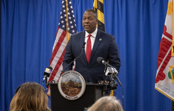 County Executive Ball at podium announcing federal employee assistance on February 7, 2025