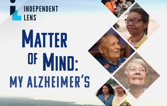 Text saying Matter of Mind: My Alzheimer's with 6 photos of older adults in diamond shapes.