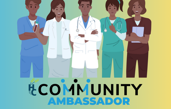 5 illustrated medical professionals stand on a turquoise and gold gradient background. 