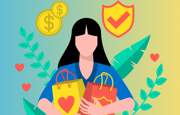 A graphic of a woman holding shopping bags with coins and a check mark above her head. 