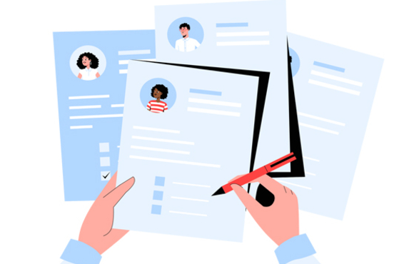 A graphic showing someone reviewing a resume. 