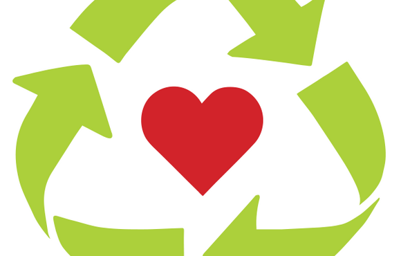 Recycle symbol with a red heart in the middle for DCRS' pre-loved giveaway event
