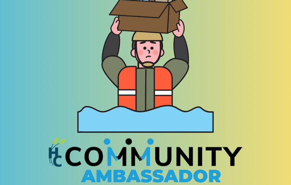 A graphic image of a person with short hair wearing an orange emergency vest holding a cardboard box with emergency items over their head. 