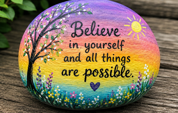 Rock painted with "Believe in yourself and all things are possible."