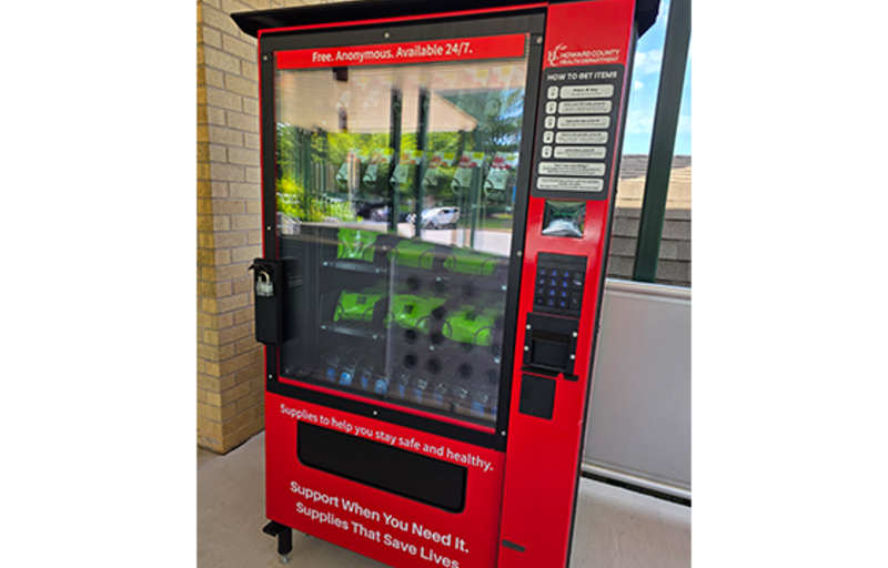 Red Naloxone vending machine, located at the Howard County Health Department