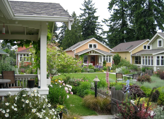 Photograph of six cottage cluster homes around a shared courtyard in Shoreline, WA