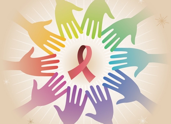 A circle of multicolored hands reaching inward toward a red ribbon at the center, symbolizing unity, diversity, and global support for people affected by HIV/AIDS, as well as awareness and the fight against stigma.