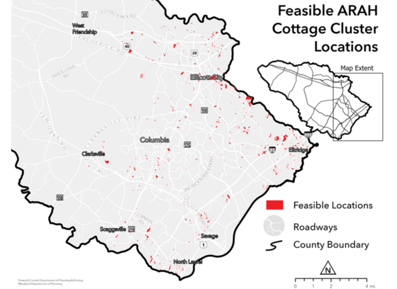 Map of Howard County indicating in red where Cottage Clusters are viable.