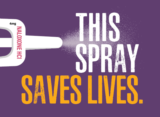 Naloxone spray bottle with white mist on a purple background. Text: this spray saves lives.