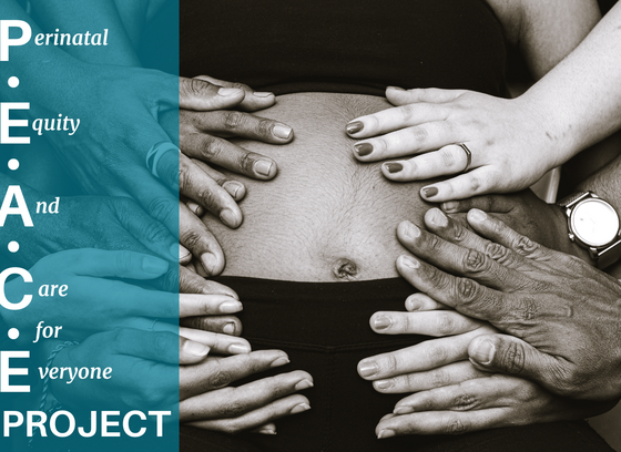 Perinatal Equity And Care for Everyone Project. hands holding pregnant belly. Photo is black and white