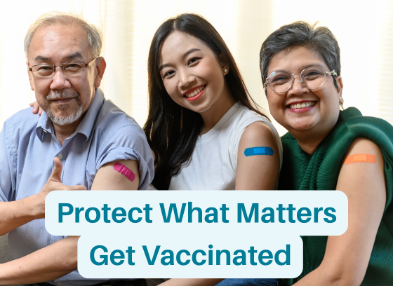 Three adults displaying band-aids on their arms and smiling. Text: Protect what matters. Get vaccinated