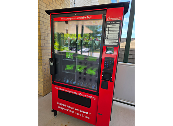 Red Naloxone vending machine, located at the Howard County Health Department
