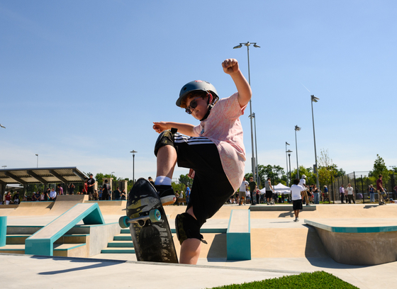A person on a skateboard at the new skatepark at Blandair Park.