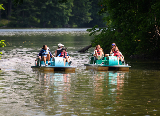 Two groups of people enjoying Centennial Lake.