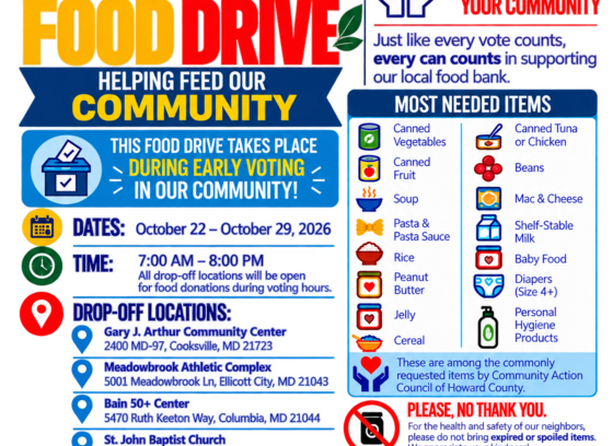Harvest of Hope Food Drive supported by the Howard County Board of Elections. Drop of food at Howard County Early Voting locations.