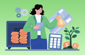 A graphic of a person with shoulder-length hair completing financial tasks on a green background. 