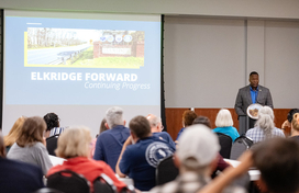A photo of County Executive Calvin Ball speaking to attendees at his October 7th 2025 Elkridge Forward community meeting.