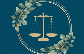 A dark blue flyer with an image of the scales of justice. 