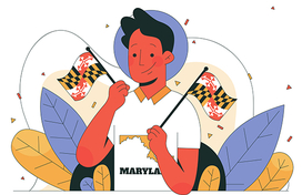Cartoon figure holding two small Maryland flags