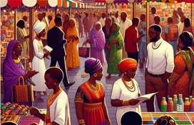 A variety of people in African dress shop at an open-air market. 