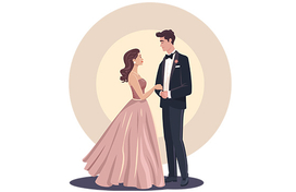 An illustrated couple wearing elegant clothing dancing