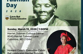 Flyer for Harriet Tubman Day on March 15, 2026, at 1:00 PM, featuring a performance by storyteller Janice Curtis Greene at the Harriet Tubman Cultural Center in Columbia, MD. The image displays a historical portrait of Harriet Tubman alongside a photo of Greene in vibrant red attire.