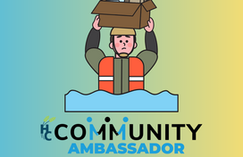 A graphic image of a person with short hair wearing an orange emergency vest holding a cardboard box with emergency items over their head. 