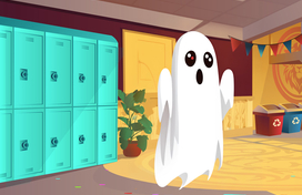 Cartoon ghost in a school hallways