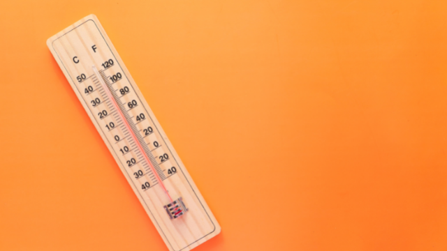 A weather thermometer that reads a temperature of 80 degrees Fahrenheit.